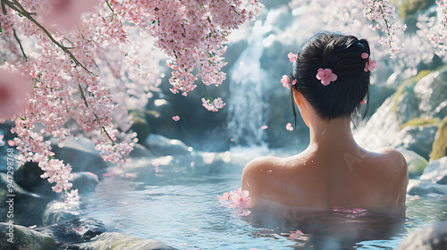 Rear view of a woman soaking in a hot spring surrounded by cherry blossoms. Generative AI illustration  photo