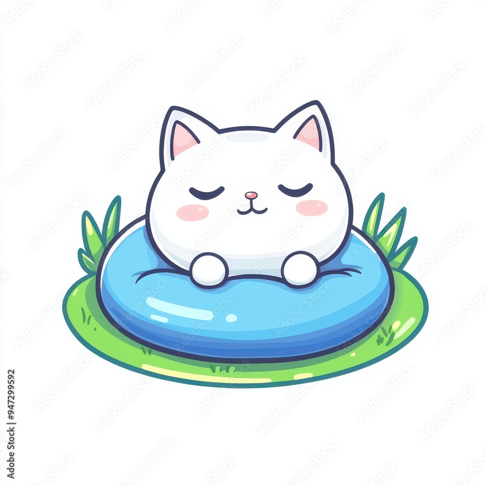 Cute Cartoon White Cat Sleeping on Blue Pillow in Green Grass Cute Cartoon White Cat Sleeping on Blue Pillow in Green Grass