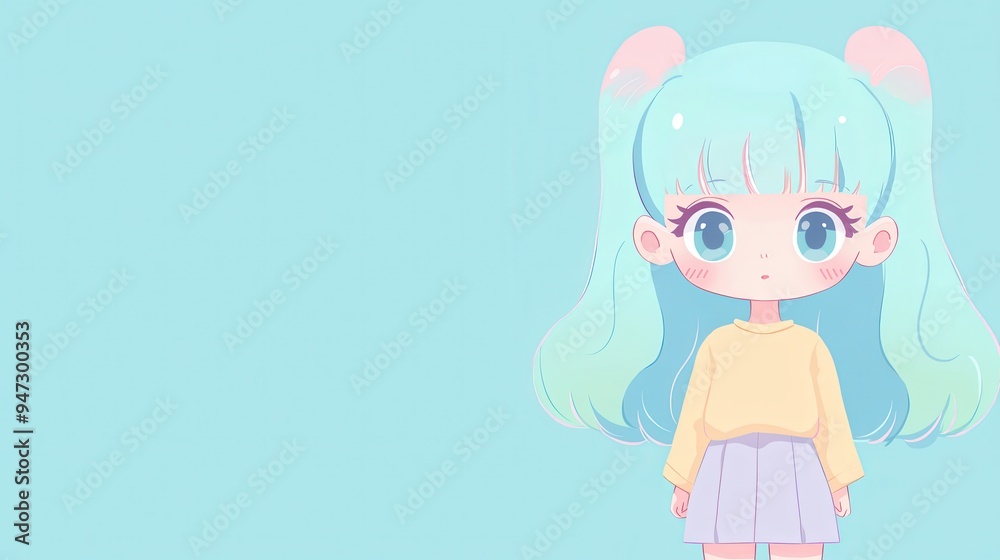 Cute Anime Girl with Blue Hair and Big Eyes on a Blue Background Cute Anime Girl with Blue Hair and Big Eyes on a Blue Background