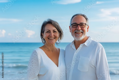 Happy Elderly Couple Smiling on Beach with Blue Sky and Sea