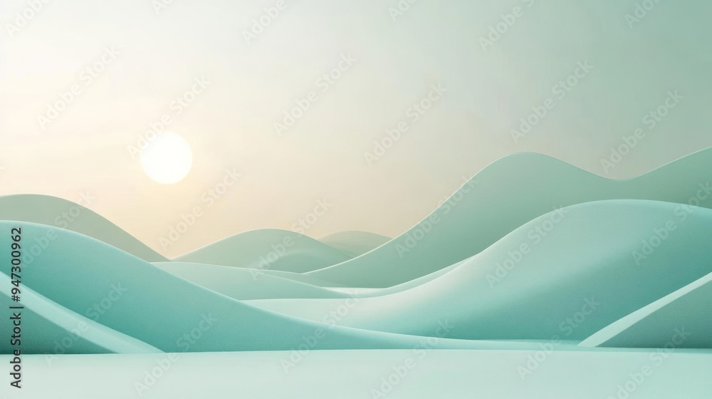 A tranquil digital painting of a sunset or sunrise with mountains, clouds,