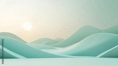 A tranquil digital painting of a sunset or sunrise with mountains, clouds,