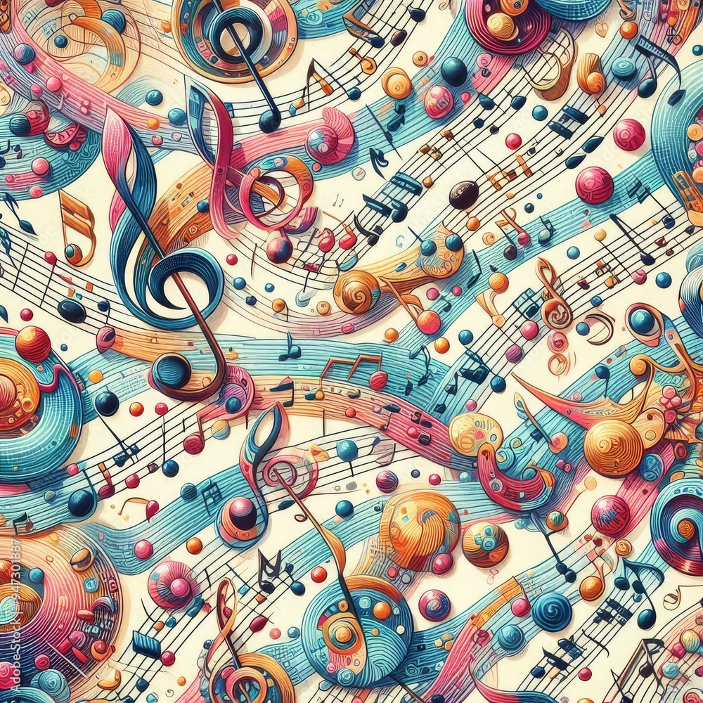 Naklejka premium Colorful musical notes pattern on sheet music 