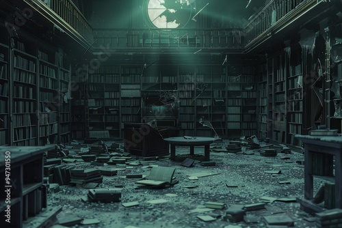 An abandoned library with a spooky atmosphere photo