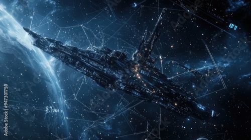 Futuristic Spaceship Flying Through Space with Earth in Background