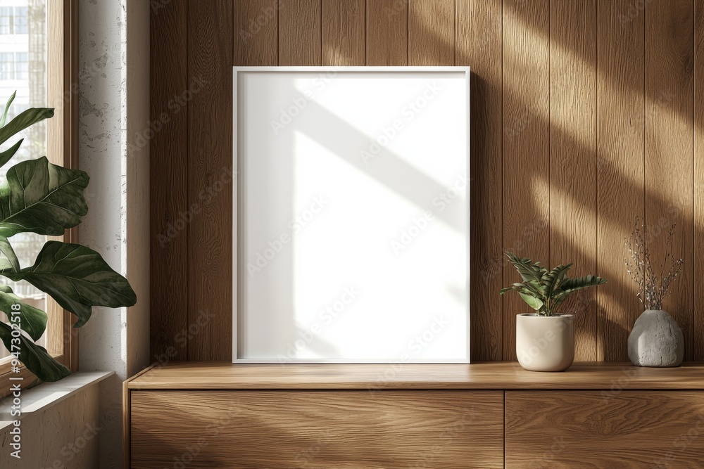 Poster Frame Mockup on Wooden Interior Background created with Generative AI Poster Frame Mockup on Wooden Interior Background created with Generative AI
