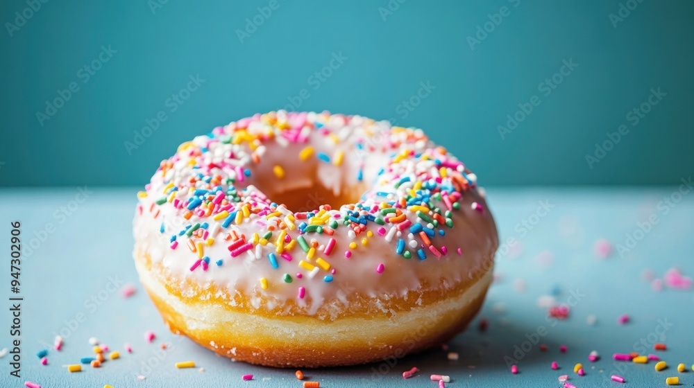 A Sprinkled Donut on a Blue Background A Sprinkled Donut on a Blue Background