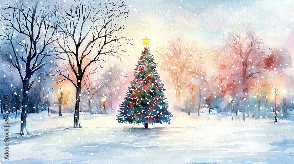 A serene winter landscape featuring a decorated Christmas tree surrounded by snow and colorful trees under a soft snowfall.