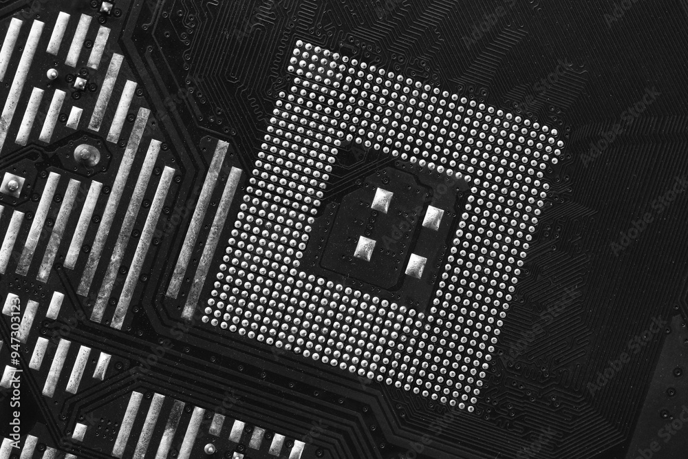 Old black motherboard of computer equipment focusing on CPU slot background, Technology background.