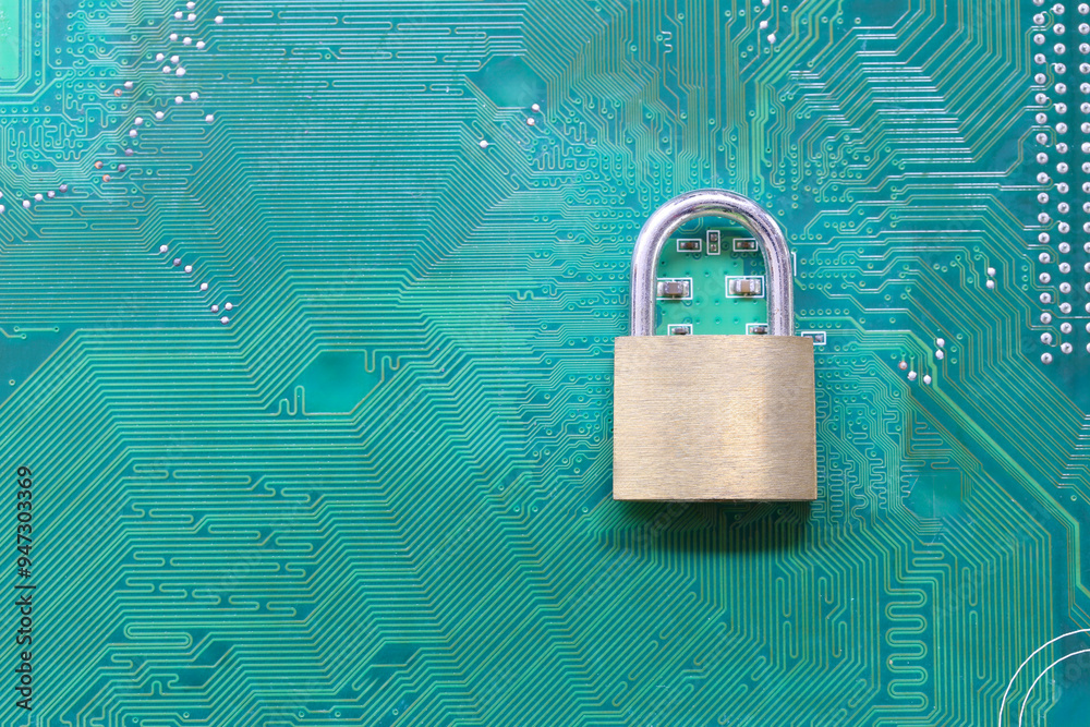 Golden master key in lock placed on a computer motherboard background ...