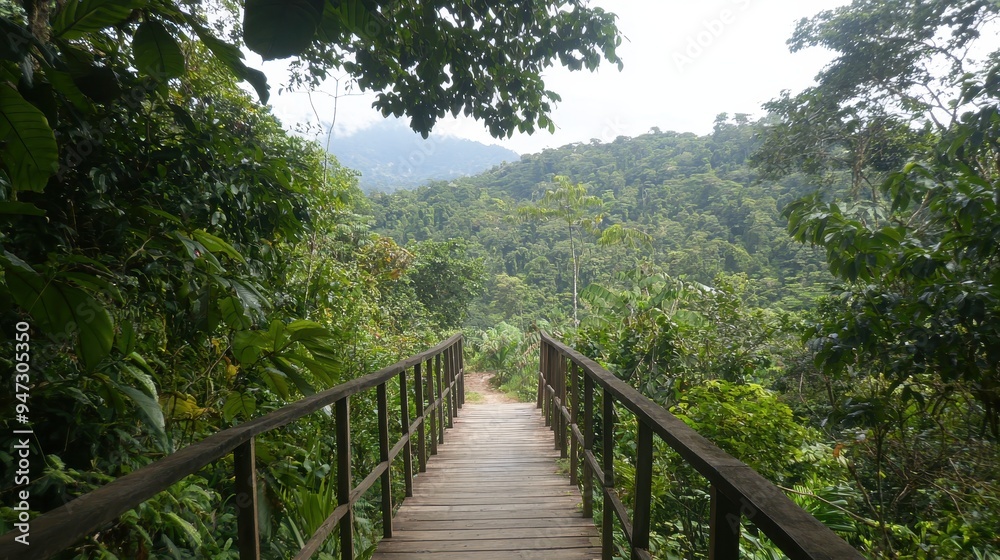 Fototapeta premium Wooden Bridge Through Lush Rainforest Landscape