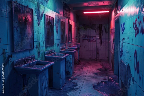 A dirty and abandoned public restroom with neon light