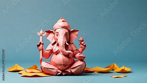 An origami style Paper made Lord Ganesha figure or hindu god ganpati on a plain background with copy space, Eco friendly ganpati visarjan concept

