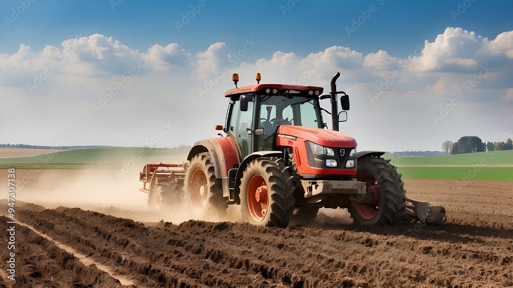 Machinery in Action: In the rural vastness, an agricultural tractor tirelessly cares to the fertile soil of a huge field, symbolizing the essence of contemporary farming. Machinery in Action: In the rural vastness, an agricultural tractor tirelessly cares to the fertile soil of a huge field, symbolizing the essence of contemporary farming.