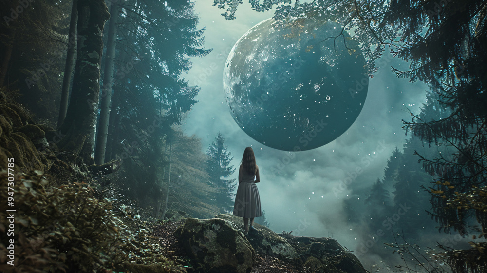 Woman in Forest with Alien Moon and Phantasmal Lighting