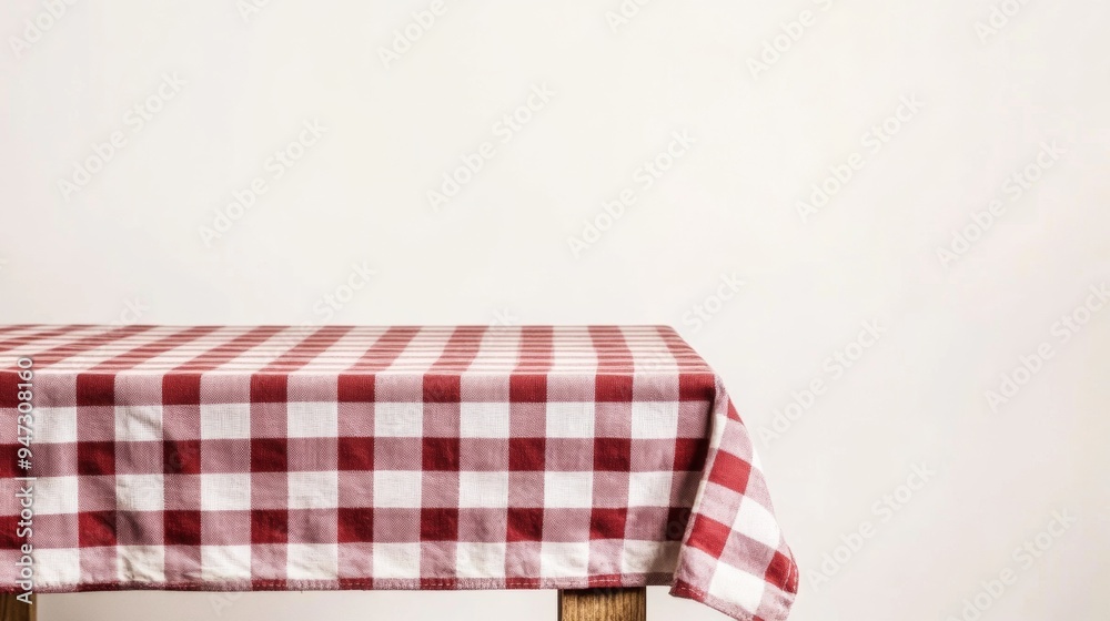 Checkered Tablecloth Draped Over Wooden Table on White Background Checkered Tablecloth Draped Over Wooden Table on White Background