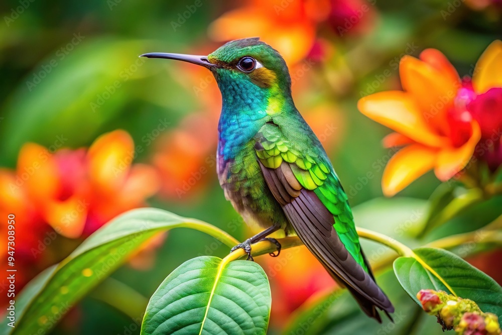 Fototapeta premium A hummingbird perches on a leaf, surrounded by a vibrant tropical jungle, where colorful flowers burst with life, radiating warmth and energy.