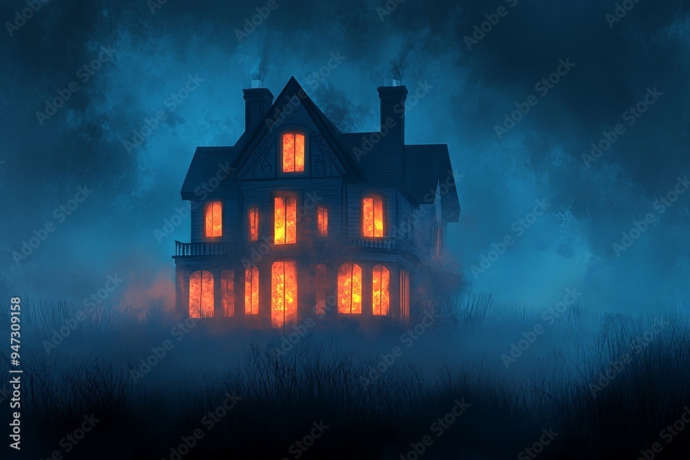Mysterious Haunted House in Foggy Night Landscape Mysterious Haunted House in Foggy Night Landscape