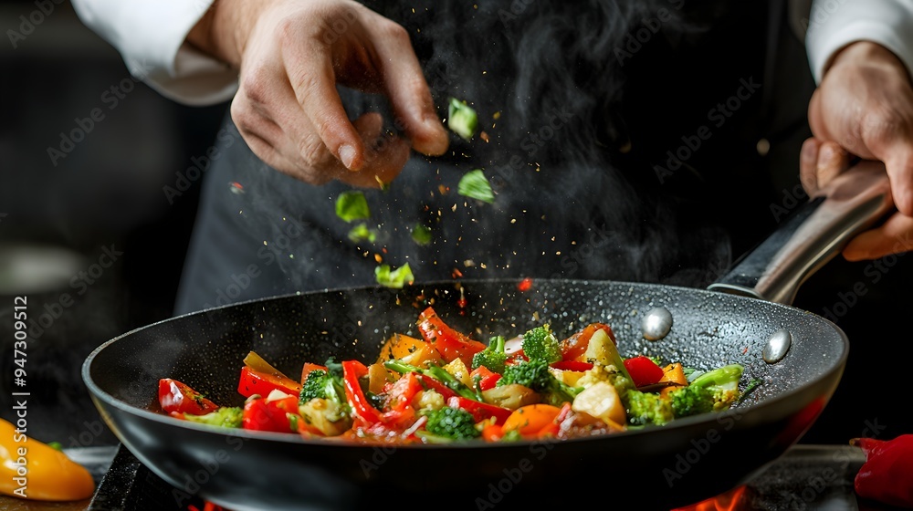 Professional Chef Skillfully Preparing Colorful Vegetable Dish in Hot Pan Professional Chef Skillfully Preparing Colorful Vegetable Dish in Hot Pan