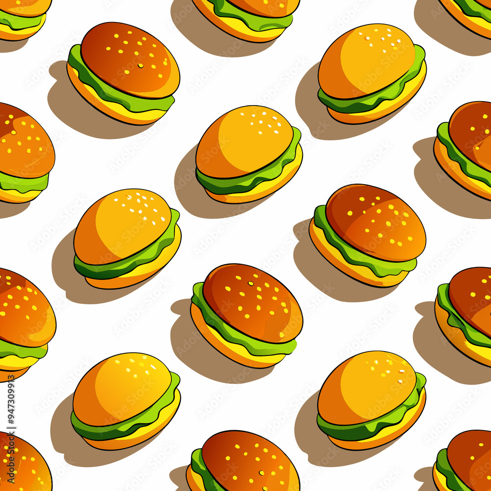 A background filled with a repeating pattern of burgers with lettuce, tomato, and sesame seed buns. The burgers are illustrated in a flat cartoon style, creating a fun, playful vibe A background filled with a repeating pattern of burgers with lettuce, tomato, and sesame seed buns. The burgers are illustrated in a flat cartoon style, creating a fun, playful vibe