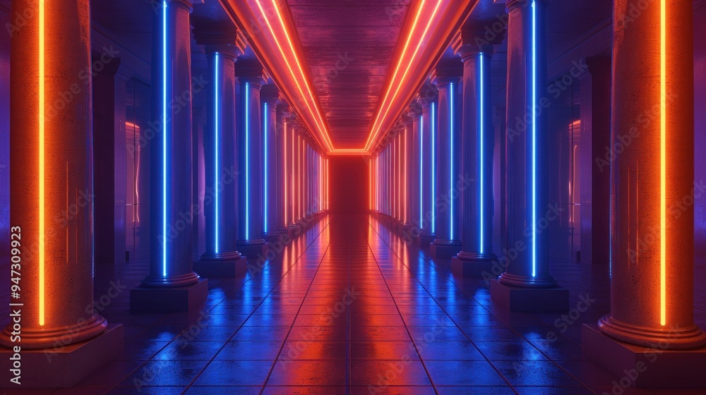 3D rendering of abstract futuristic tunnel with blue and red neon lights 3D rendering of abstract futuristic tunnel with blue and red neon lights