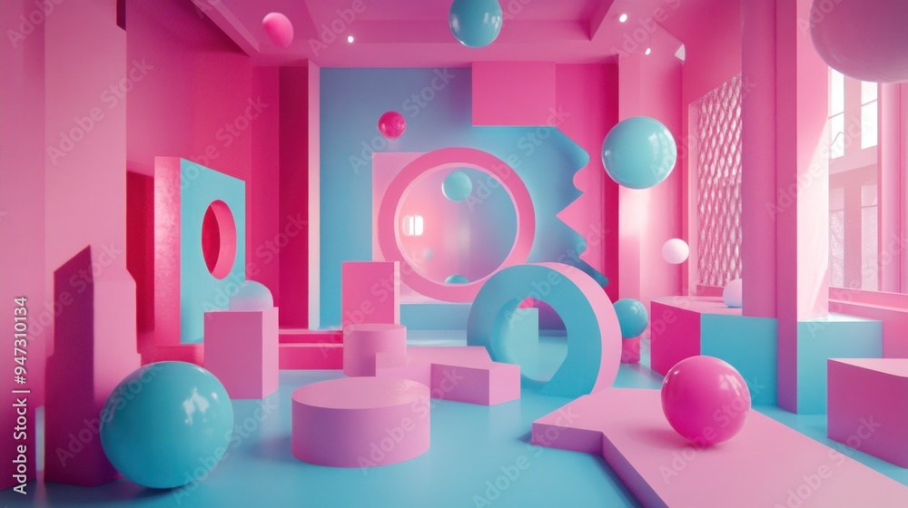 Abstract Pink and Blue 3D Rendered Room