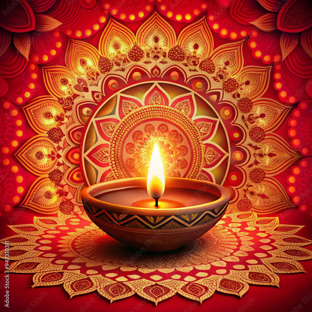 A beautifully designed oil lamp (diya) is lit against a red and gold mandala background. This image exudes warmth and spirituality, symbolizing light and peace in Hindu traditions A beautifully designed oil lamp (diya) is lit against a red and gold mandala background. This image exudes warmth and spirituality, symbolizing light and peace in Hindu traditions