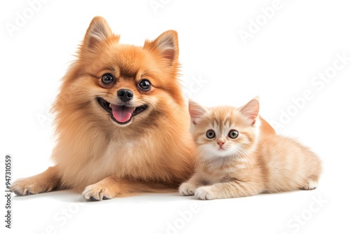 Pomeranian Dog and Cute Kitten Sitting Together