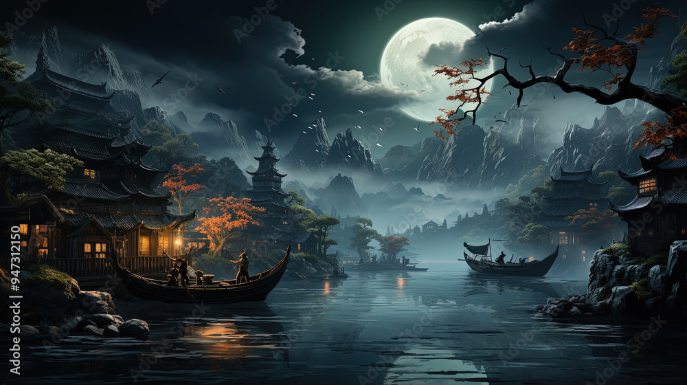 Fototapeta premium The Moon Falls The Crows Cry And The Frost Fills The Sky. Jiang Feng's Fishing Fire Sleeps With Sorrow