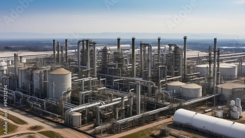 oil refinery plant,A sprawling petrochemical facility with steel pipeline,complex industrial pipeline system transporting petrochemicals, featuring steel pipes, gas processing units, and a large furna