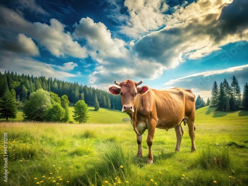 A lone brown cow grazes serenely in a sprawling pastel green meadow, its gentle lowing harmonizing with the soft rustle of summer's breeze. photo