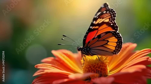 A detailed close-up video of a butterfly delicately landing on a flower, with its wings gently fluttering and the flower swaying slightly.
