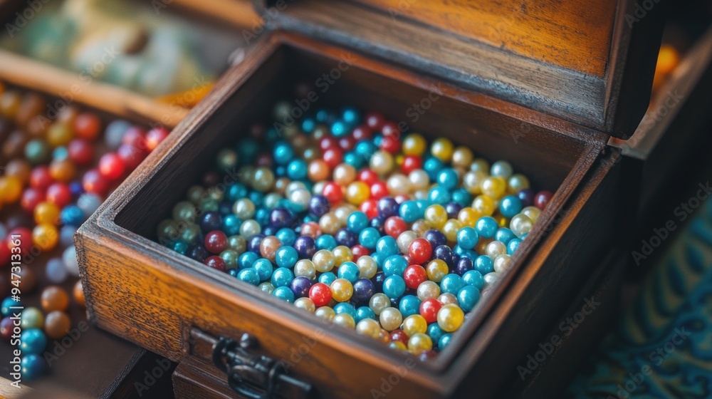 Wooden Box Filled with Colorful Beads Wooden Box Filled with Colorful Beads
