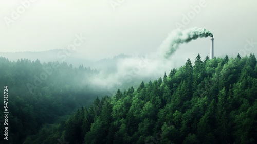 Industrial chimney emitting smoke in dense forest area. Pollution impacts natural landscapes. Foggy day with green trees and clear environmental contrast. photo