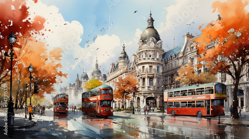 Watercolor Image Of The West End in London Theatres Restaurant Scene On A White Background photo