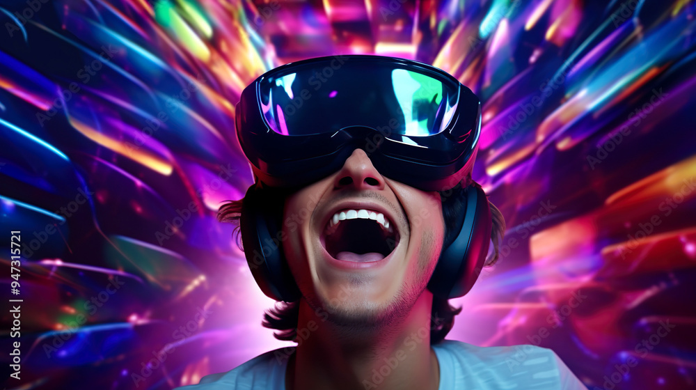 仮想現実に興奮するVRゴーグルを着けた男性 仮想現実に興奮するVRゴーグルを着けた男性