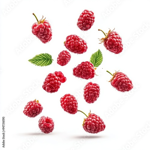 Falling raspberry fruits isolated on white background