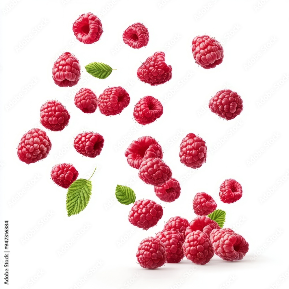 Falling raspberry fruits isolated on white background Falling raspberry fruits isolated on white background