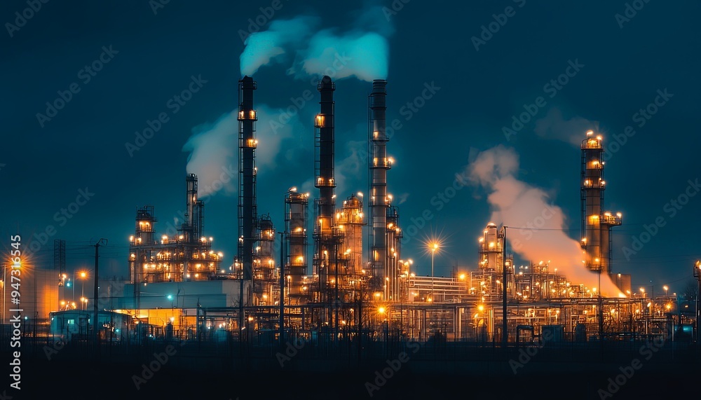 Industrial Night Landscape with Smoke Stacks and Lights