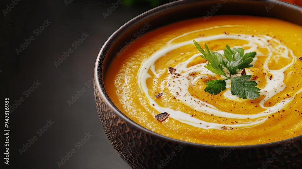 Creamy pumpkin soup with swirl of cream, deep bowl, textured ceramic, warm gradient from orange to amber, soft focus background, copy space on top Creamy pumpkin soup with swirl of cream, deep bowl, textured ceramic, warm gradient from orange to amber, soft focus background, copy space on top