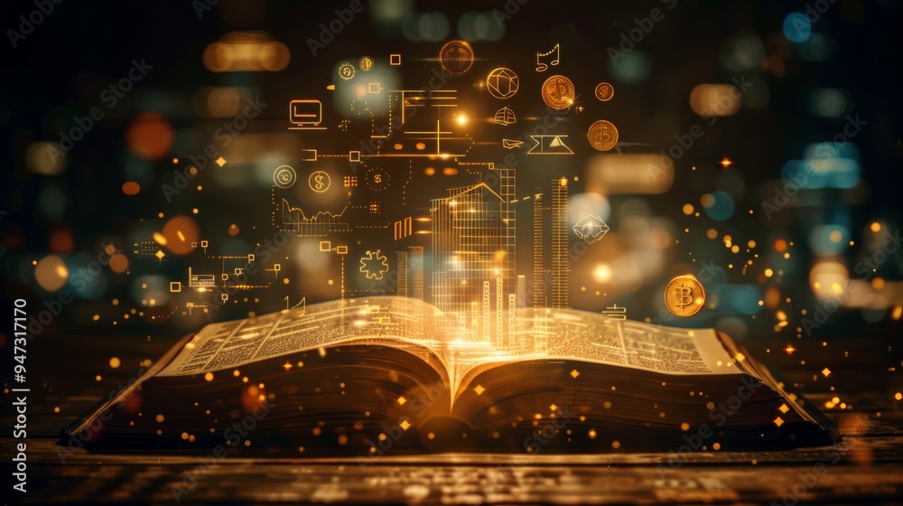 The pages of the book glowed with gold, a symbol of knowledge. floating around Books are icons of various financial elements. The pages of the book glowed with gold, a symbol of knowledge. floating around Books are icons of various financial elements.