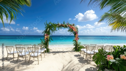 Beach wedding setup with chairs, an arch, and flowers, ready for the ceremony.