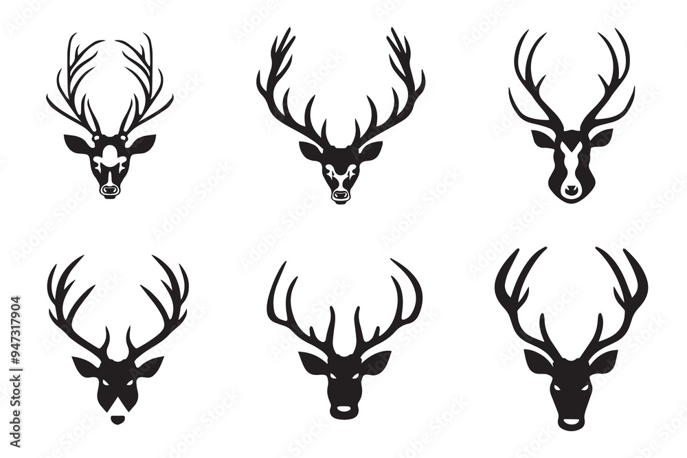 Set of Deer Head collection - Elk face Silhouette - Deer Antler illustration in black and white Set of Deer Head collection - Elk face Silhouette - Deer Antler illustration in black and white