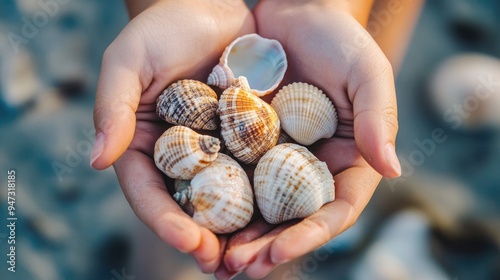 Close-up of hands holding a collection of seashells found on the beach.