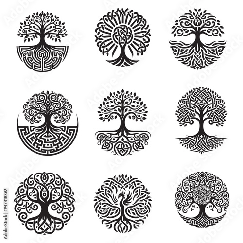 Set of Celtic Tree of Life collection - Celtic Tree  Silhouette - Celtic knot illustration in black and white
