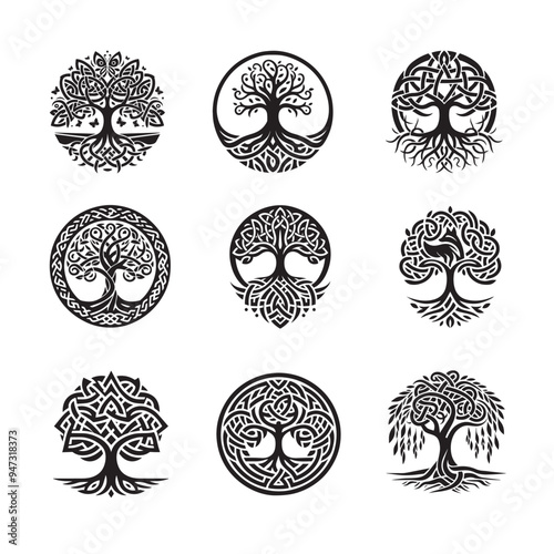 Set of Celtic Tree of Life collection - Celtic Tree  Silhouette - Celtic knot illustration in black and white
