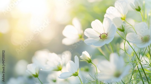 Sunlit Field of White Flowers, a serene landscape where bright sunlight bathes vibrant blooms in warmth, creating a tranquil and beautiful scene filled with peaceful simplicity.