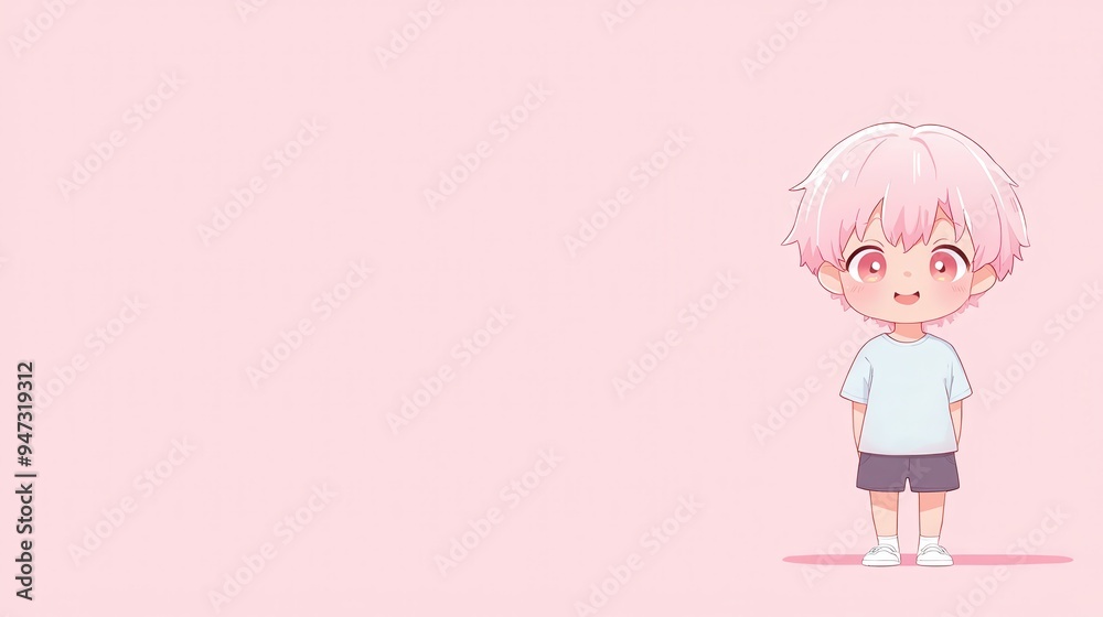 Obraz premium Cute Cartoon Boy with Pink Hair Standing on a Pink Background
