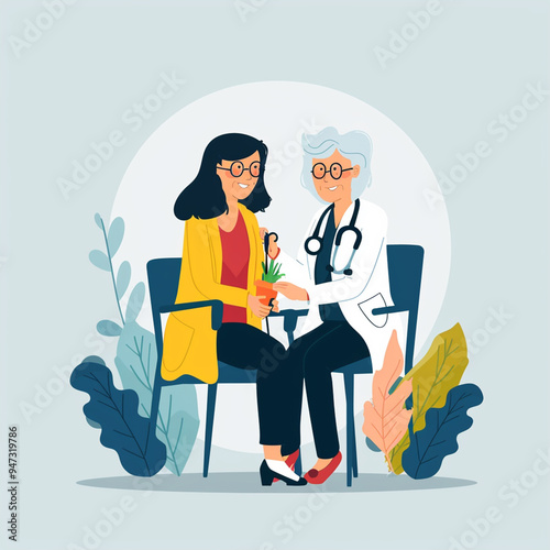 illustration of female doctor treating elderly patient, flat design for world doctors day