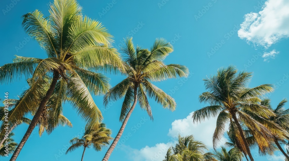 Palm trees swaying in the breeze on a tropical beach, with clear blue skies above. Palm trees swaying in the breeze on a tropical beach, with clear blue skies above.